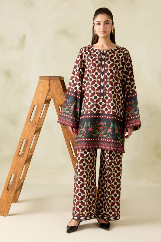 Maroon Geometric Floral Printed Poly Lawn Co-Ord Set with Wide-Leg Trousers