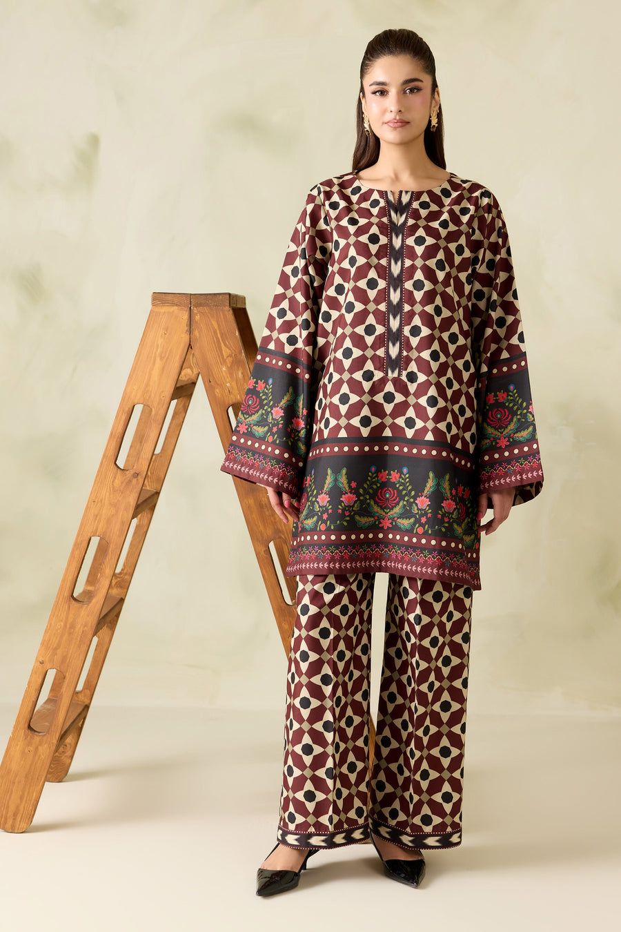 Maroon Geometric Floral Printed Poly Lawn Co-Ord Set with Wide-Leg Trousers
