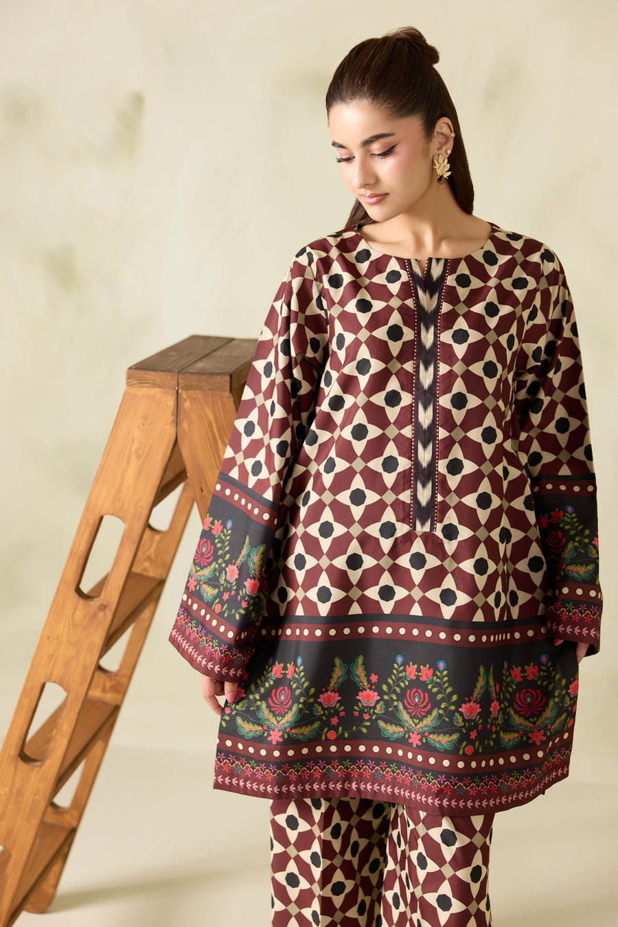 Maroon Geometric Floral Printed Poly Lawn Co-Ord Set with Wide-Leg Trousers