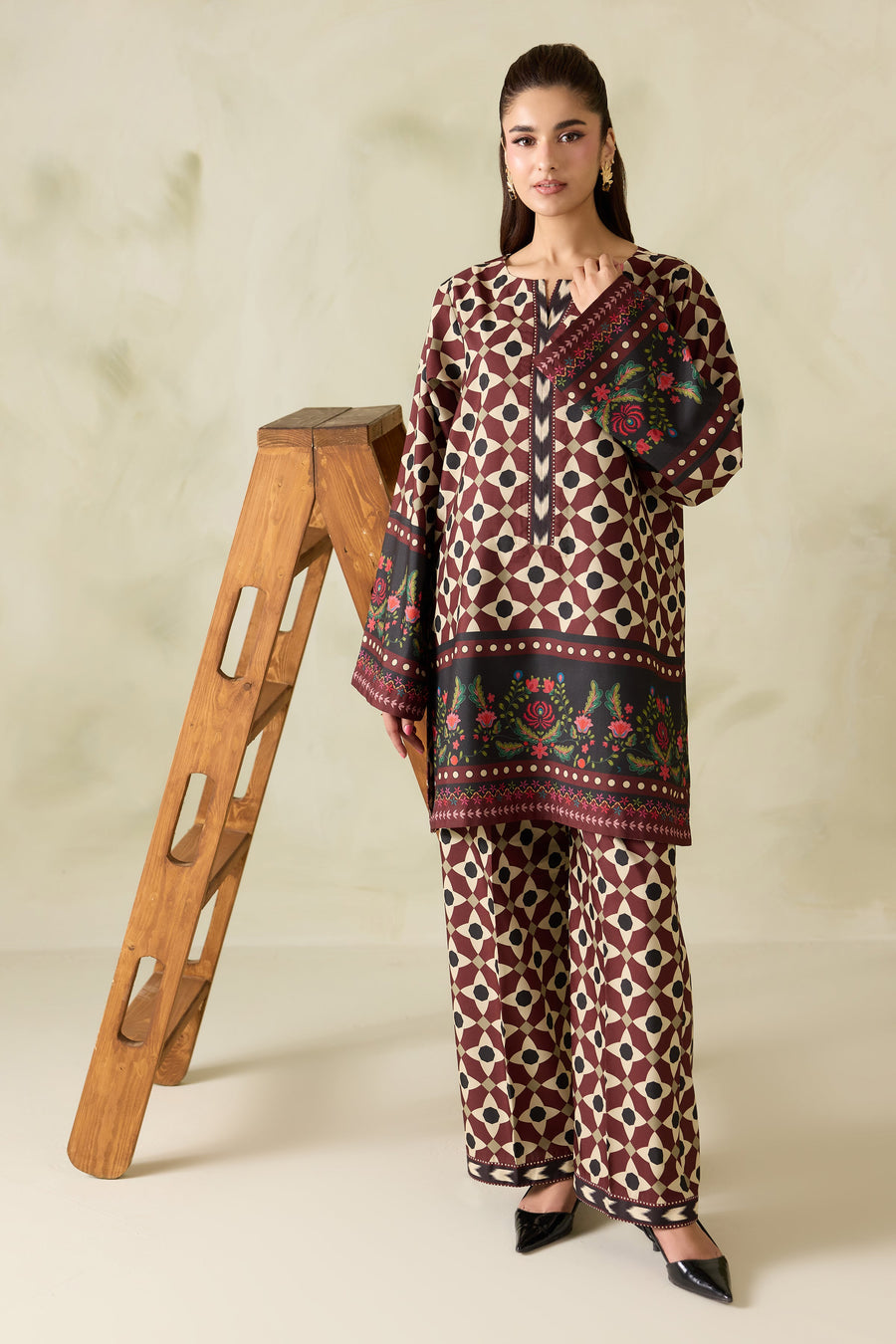 Maroon Geometric Floral Printed Poly Lawn Co-Ord Set with Wide-Leg Trousers