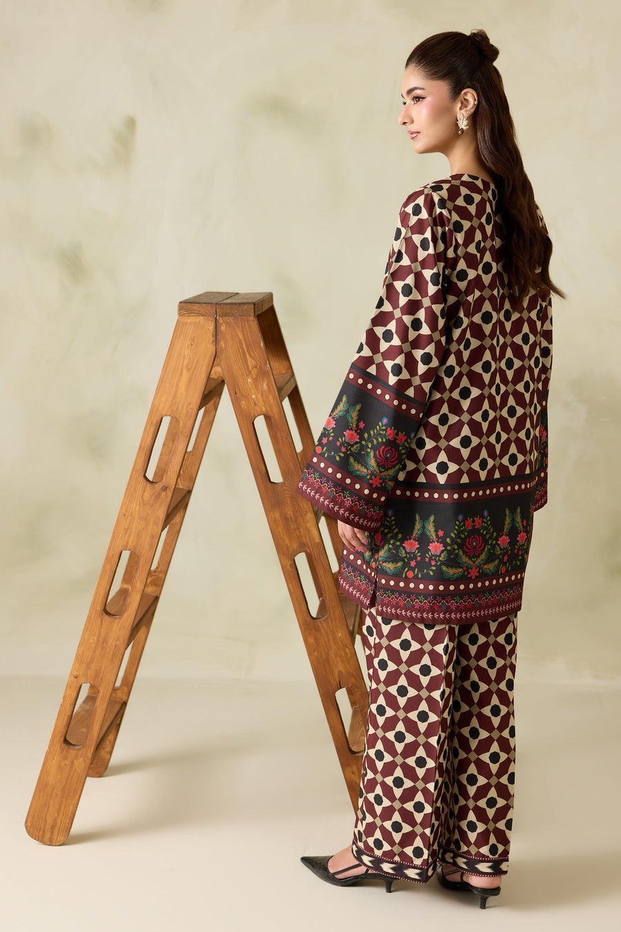 Maroon Geometric Floral Printed Poly Lawn Co-Ord Set with Wide-Leg Trousers