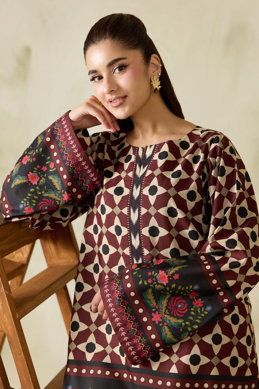 Maroon Geometric Floral Printed Poly Lawn Co-Ord Set with Wide-Leg Trousers