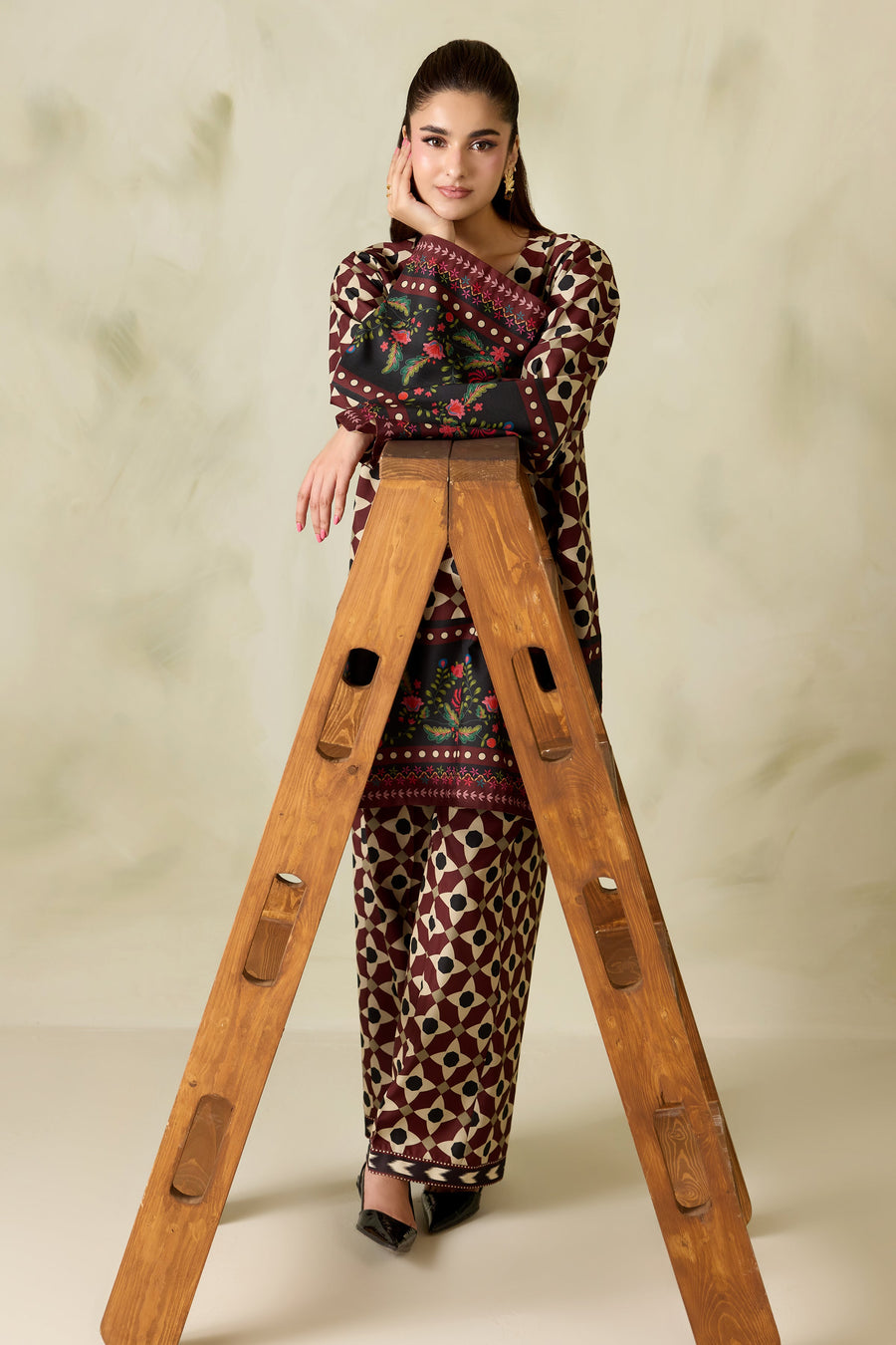 Maroon Geometric Floral Printed Poly Lawn Co-Ord Set with Wide-Leg Trousers