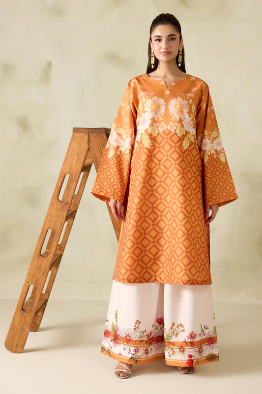 Orange Geometric Floral Printed Poly Lawn Co-Ord Set with Wide-Leg Trousers