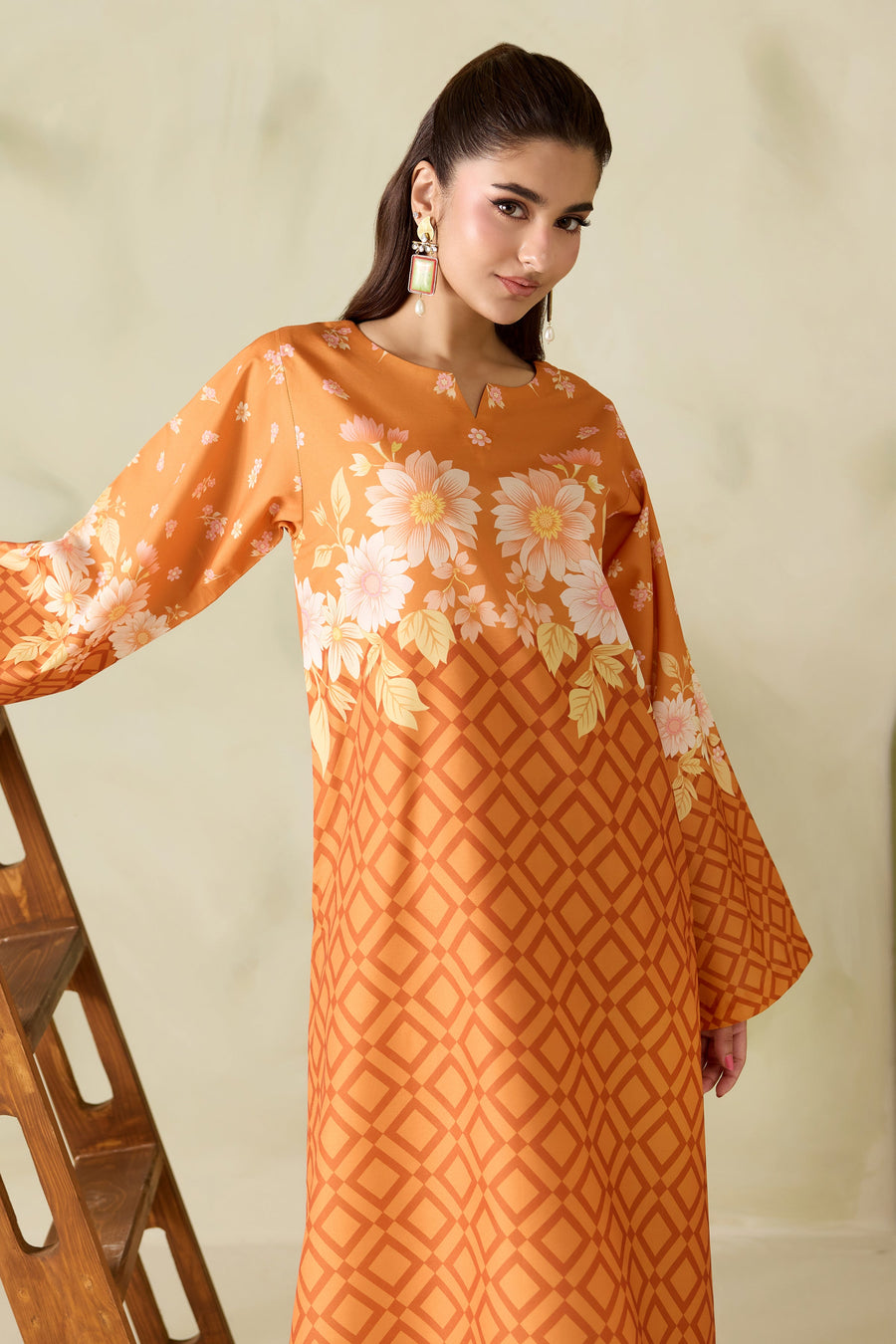Orange Geometric Floral Printed Poly Lawn Co-Ord Set with Wide-Leg Trousers