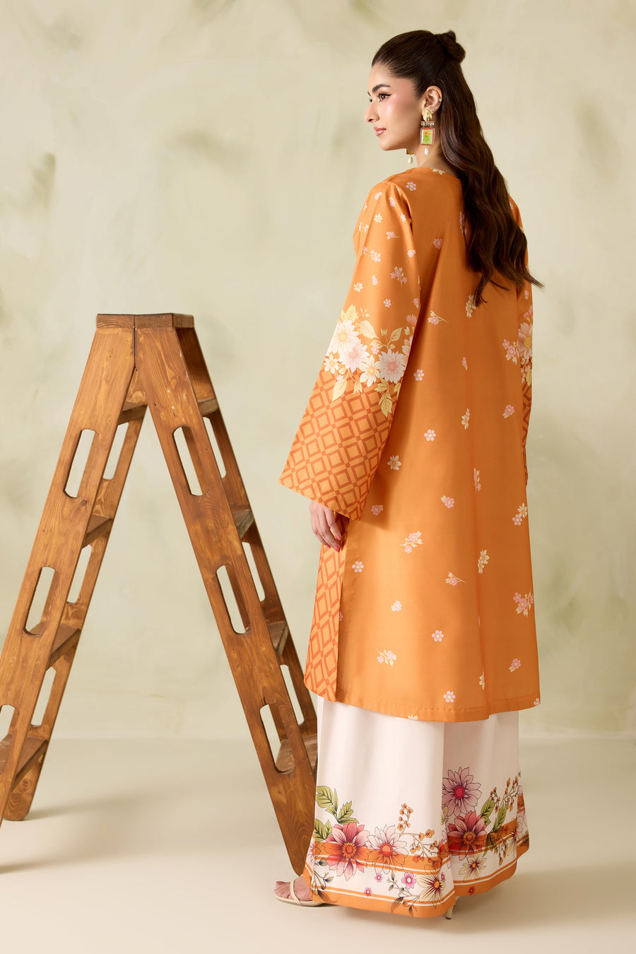 Orange Geometric Floral Printed Poly Lawn Co-Ord Set with Wide-Leg Trousers