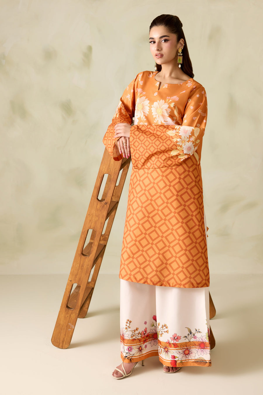 Orange Geometric Floral Printed Poly Lawn Co-Ord Set with Wide-Leg Trousers