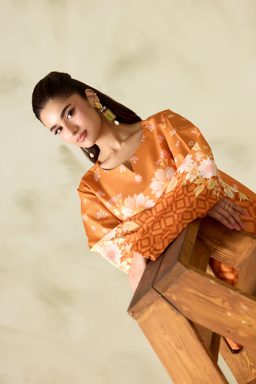 Orange Geometric Floral Printed Poly Lawn Co-Ord Set with Wide-Leg Trousers