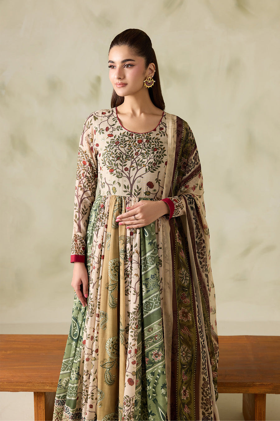Beige and Olive Printed Poly Lawn Frock with Printed Chiffon Dupatta