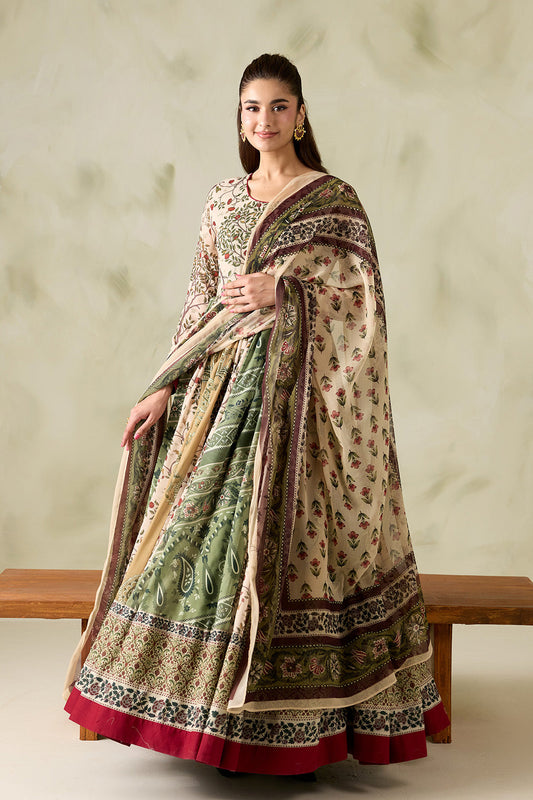 Beige and Olive Printed Poly Lawn Frock with Printed Chiffon Dupatta