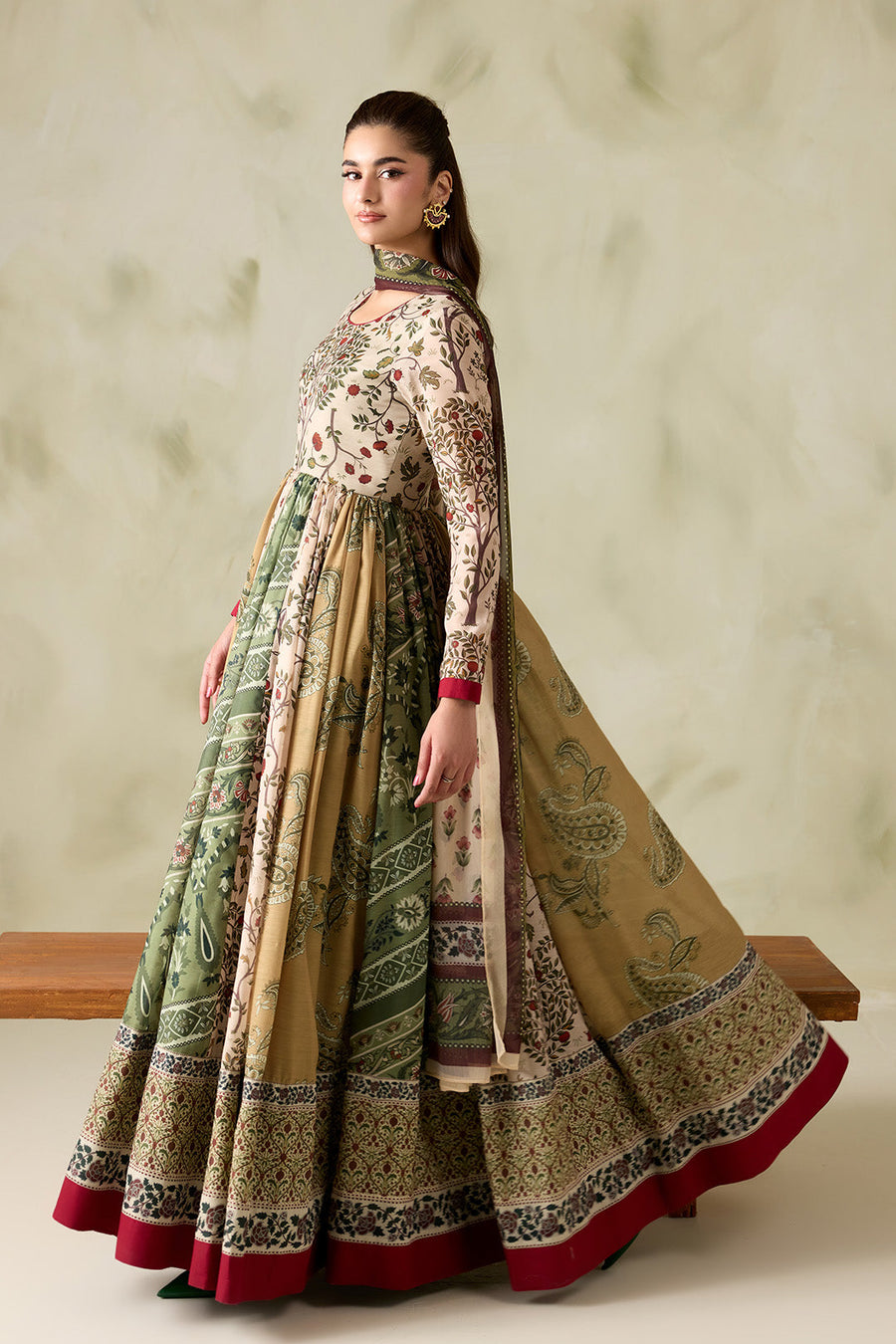 Beige and Olive Printed Poly Lawn Frock with Printed Chiffon Dupatta