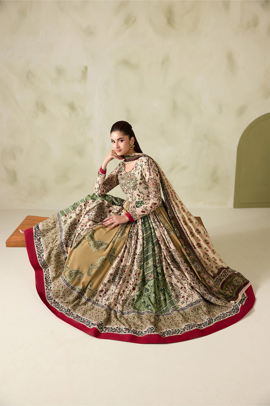 Beige and Olive Printed Poly Lawn Frock with Printed Chiffon Dupatta