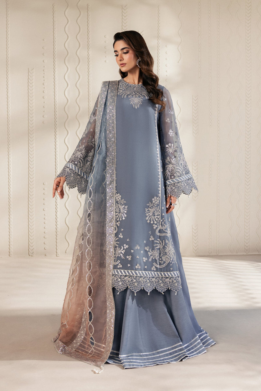 Silver Blue Sequins Embroidered Chiffon Lehenga Suit with Organza Dupatta