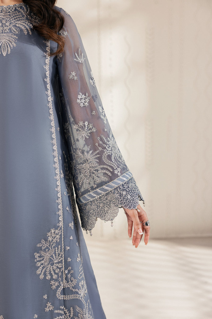 Silver Blue Sequins Embroidered Chiffon Lehenga Suit with Organza Dupatta