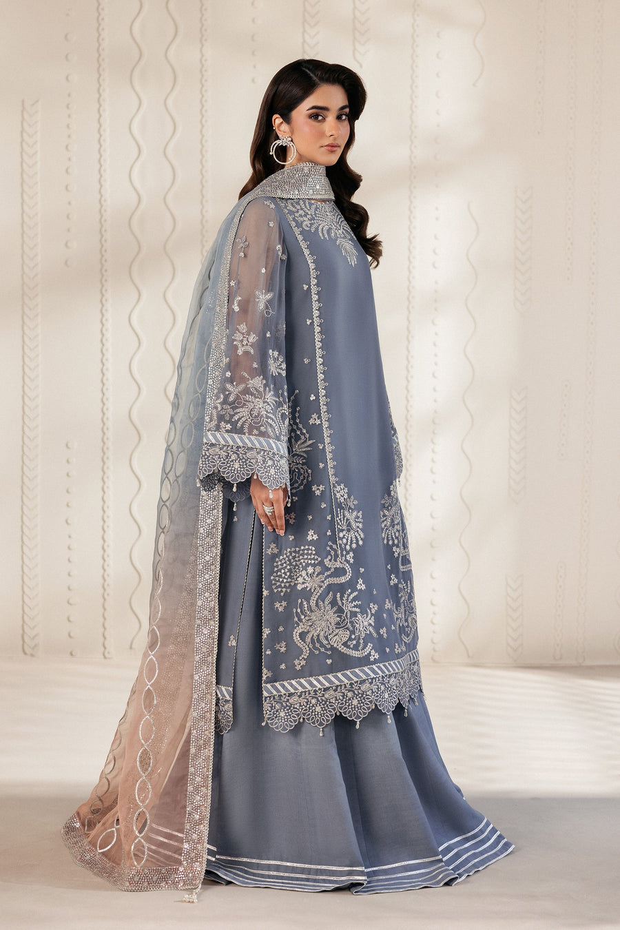 Silver Blue Sequins Embroidered Chiffon Lehenga Suit with Organza Dupatta
