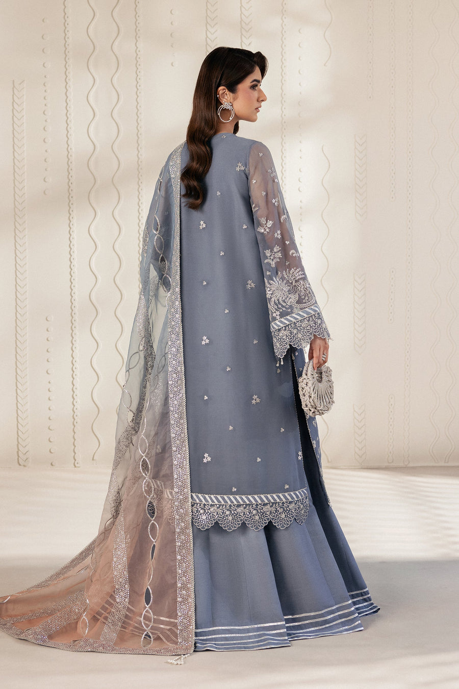 Silver Blue Sequins Embroidered Chiffon Lehenga Suit with Organza Dupatta