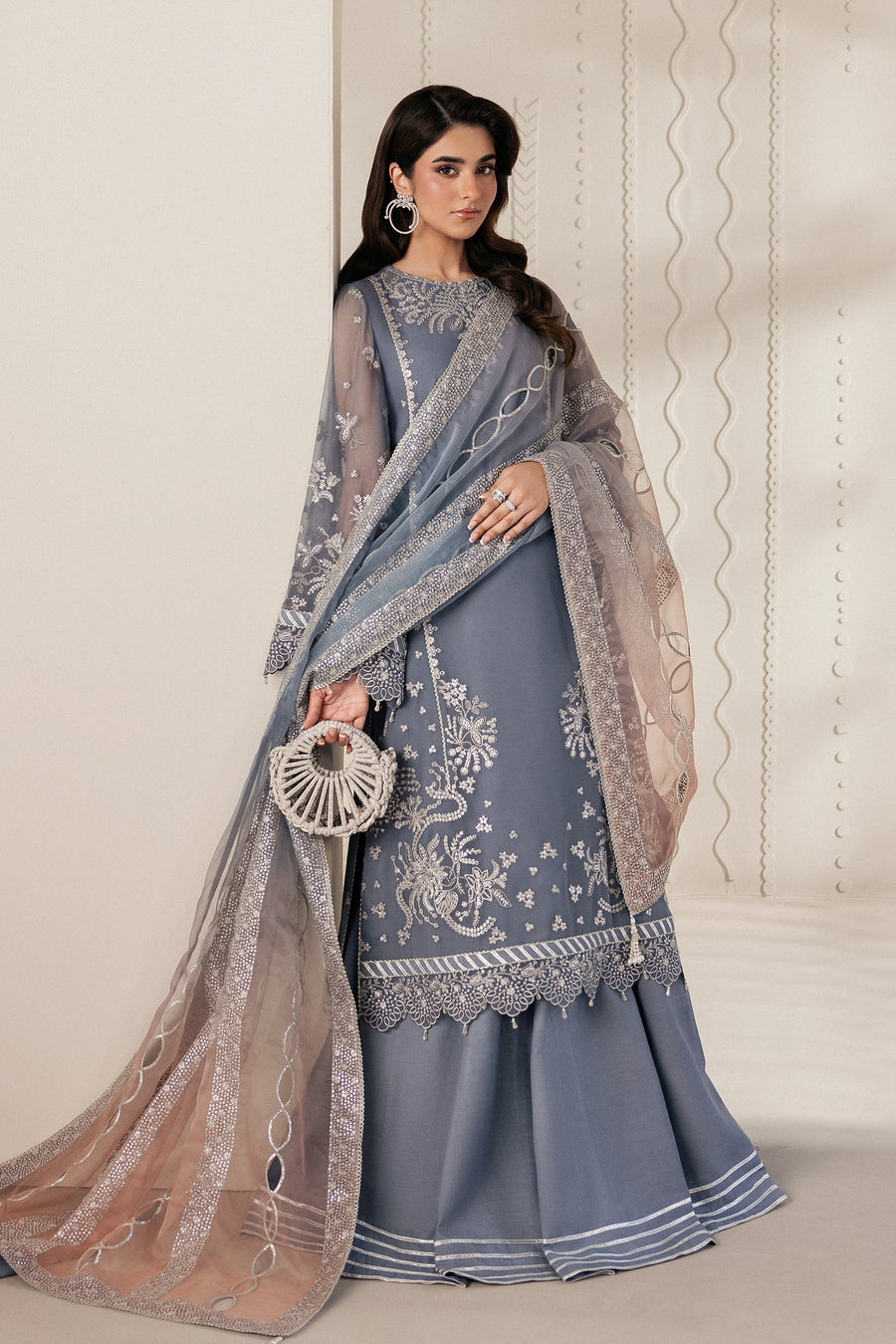 Silver Blue Sequins Embroidered Chiffon Lehenga Suit with Organza Dupatta
