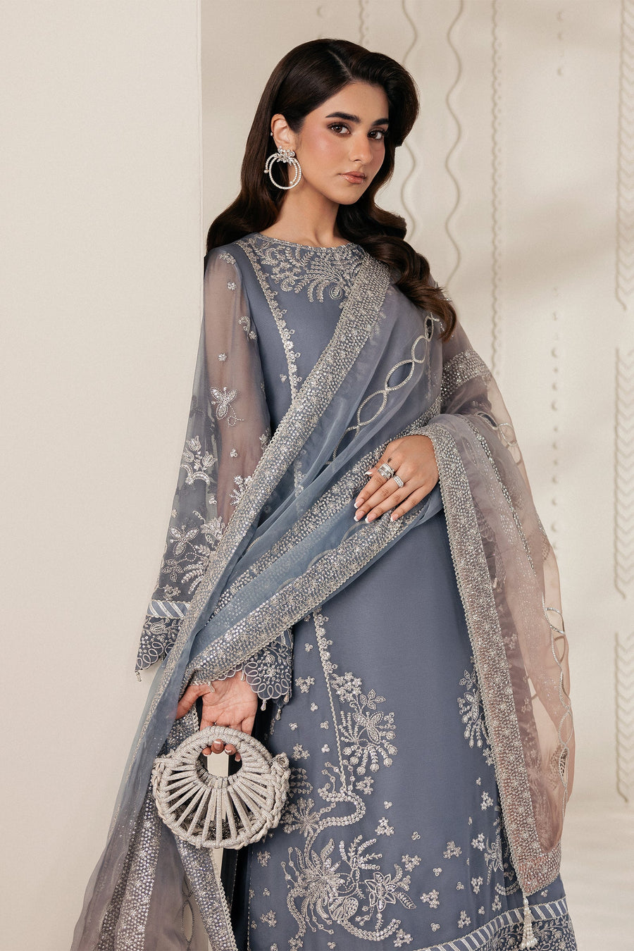 Silver Blue Sequins Embroidered Chiffon Lehenga Suit with Organza Dupatta