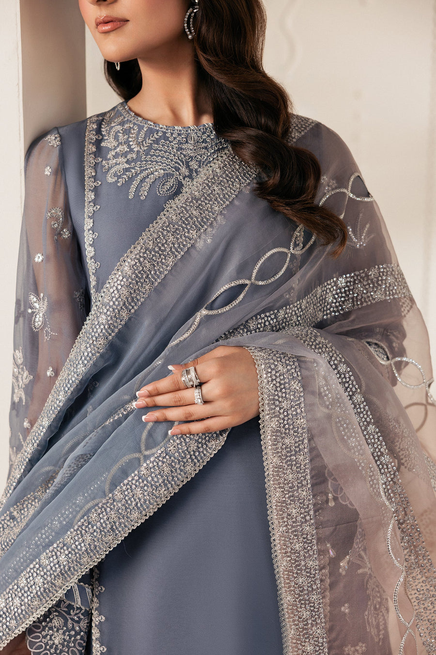 Silver Blue Sequins Embroidered Chiffon Lehenga Suit with Organza Dupatta