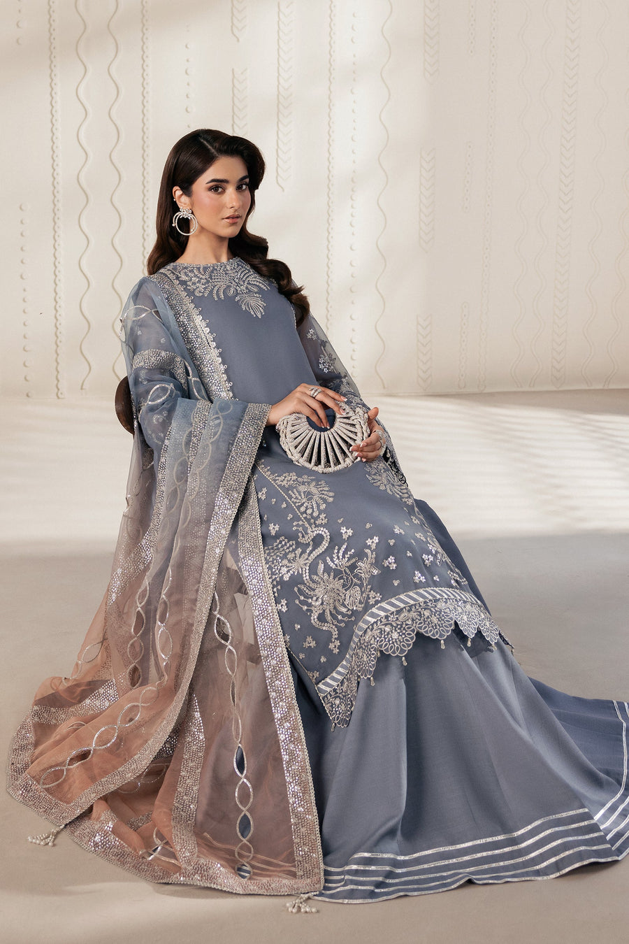 Silver Blue Sequins Embroidered Chiffon Lehenga Suit with Organza Dupatta