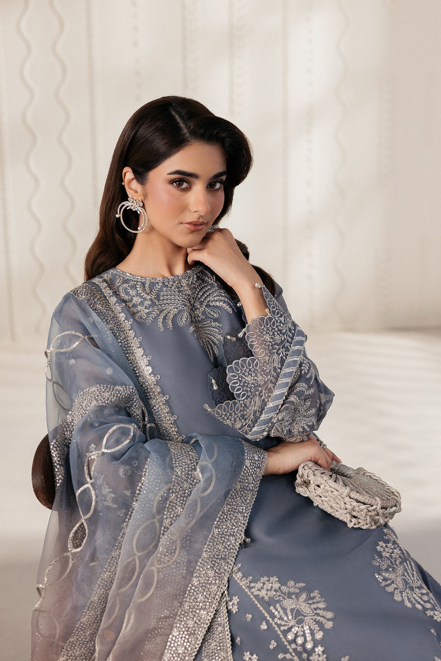 Silver Blue Sequins Embroidered Chiffon Lehenga Suit with Organza Dupatta