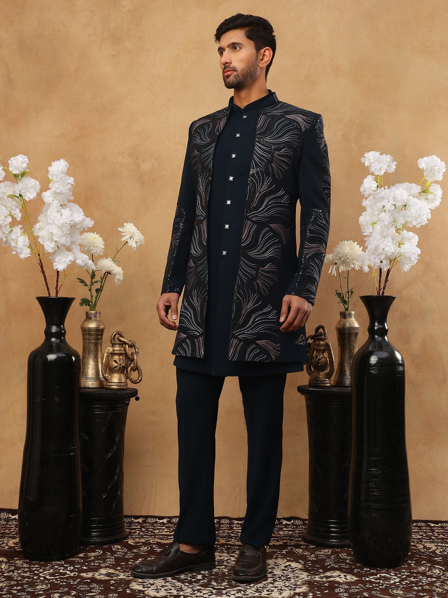 Men's Navy Blue Geometric Embroidered Set ( 50JIND 121 Navy )
