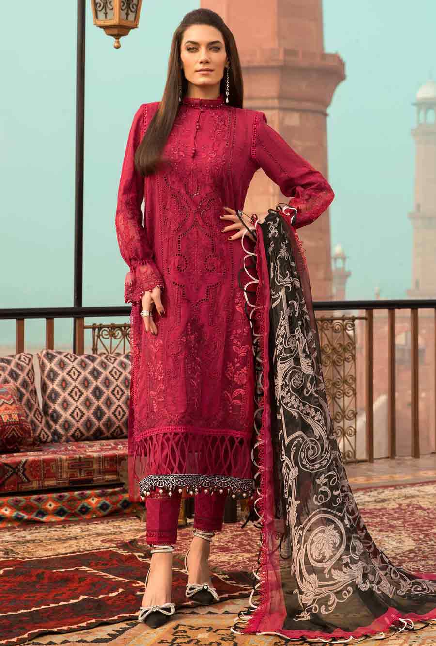 3PC Embroidered Lawn Suit with Organza Dupatta Set