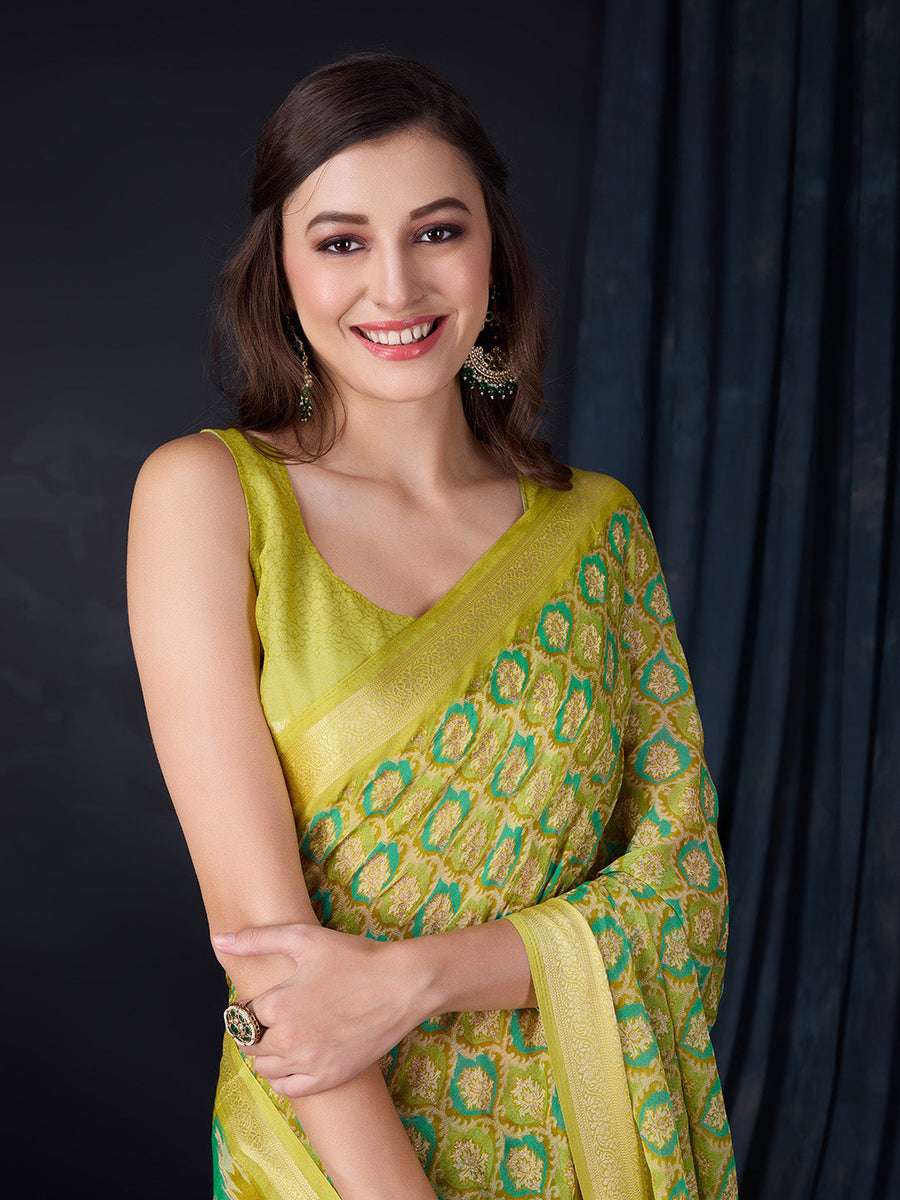 Green Chiffon Saree With Blouse Piece - Pehnaawaa