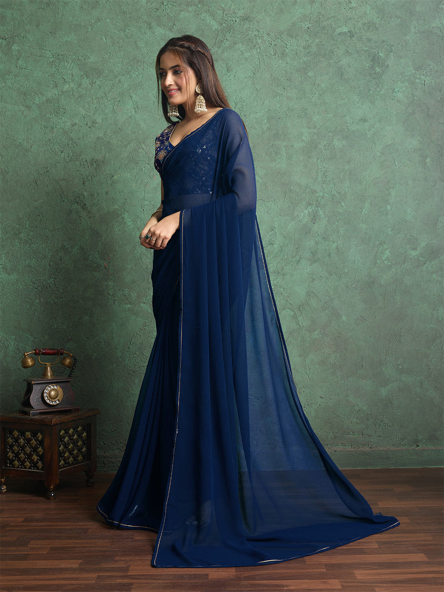 Poly Chiffon Dyed Saree With Heavy Embroidered Blouse Piece - Pehnaawaa