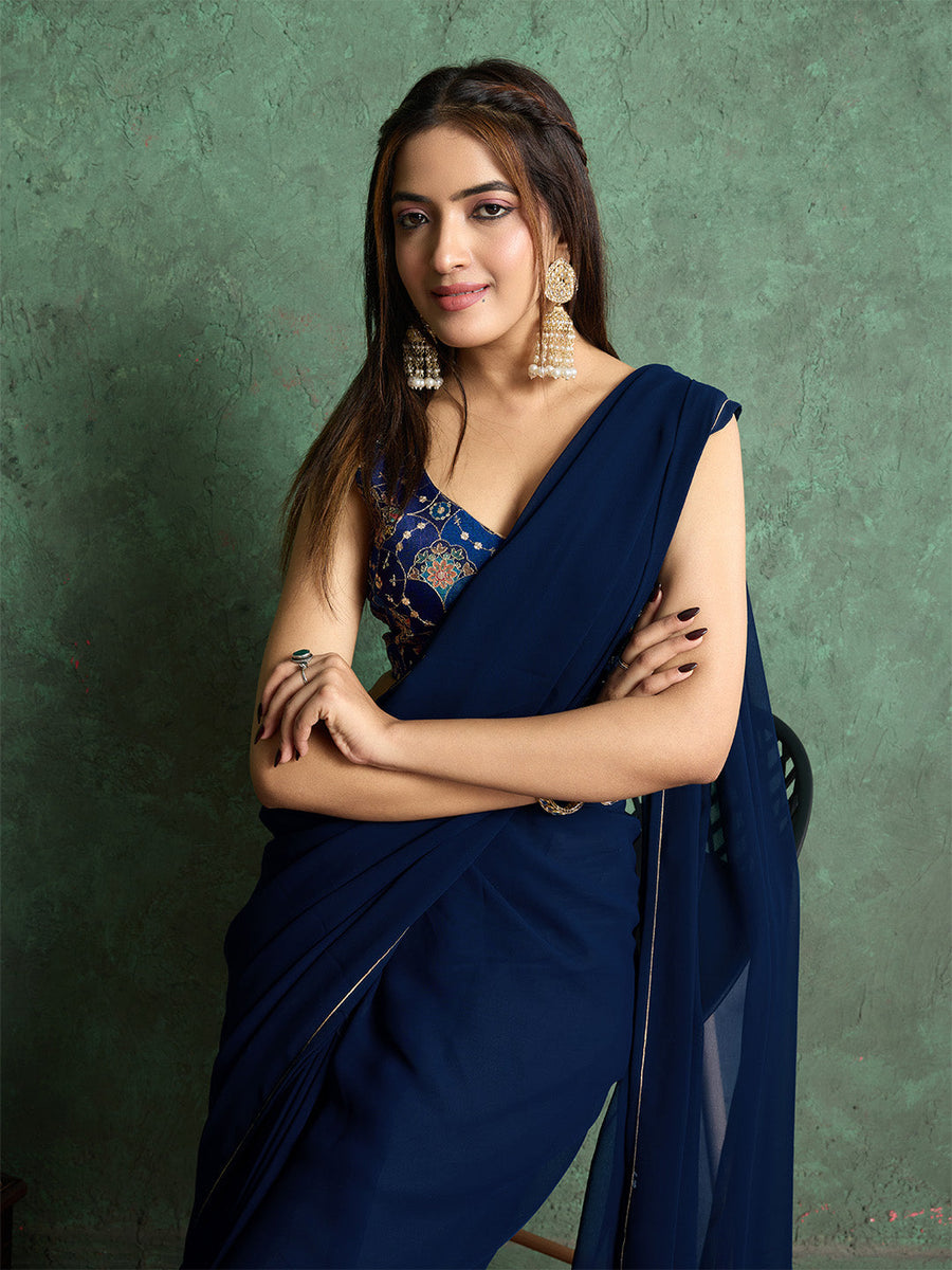 Poly Chiffon Dyed Saree With Heavy Embroidered Blouse Piece - Pehnaawaa