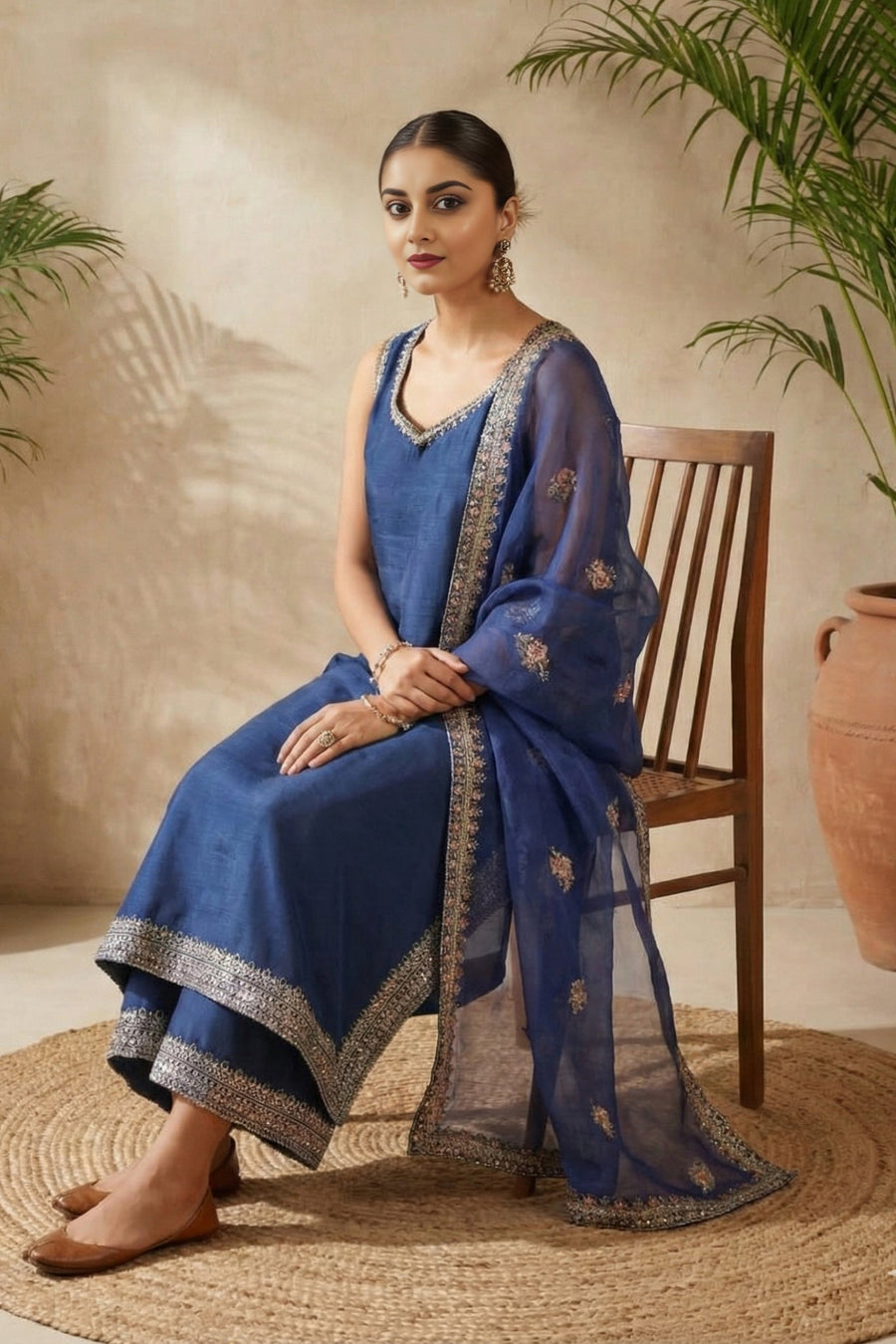 Woman seated wearing Neelofar blue embroidered suit and sheer dupatta