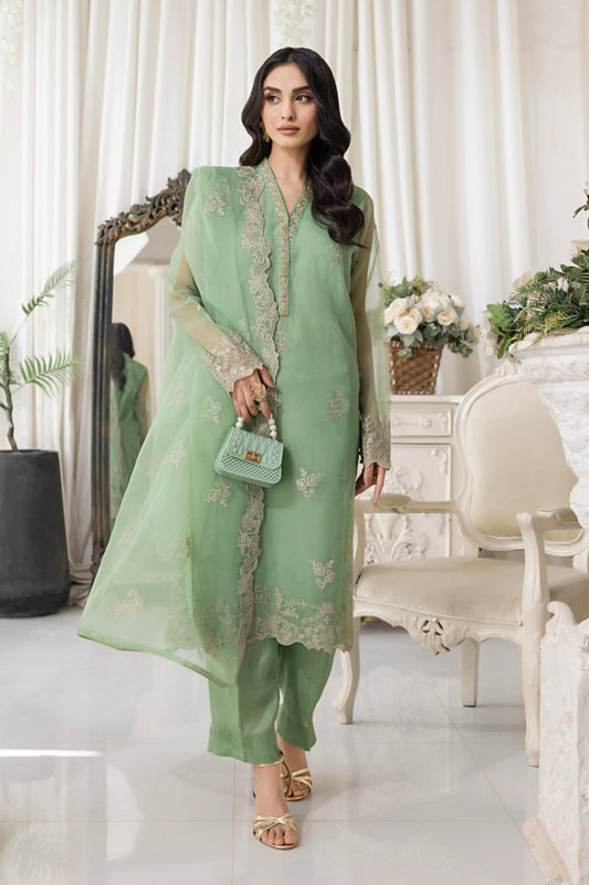 Soft Green Floral Embroidered Organza 3-Piece Ready-to-Wear Suit