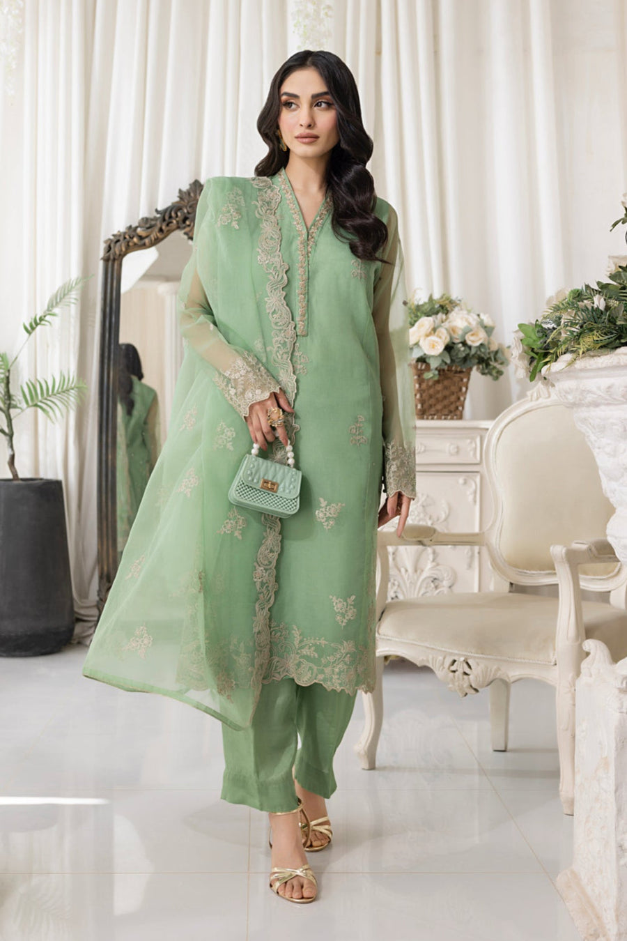 Soft Green Floral Embroidered Organza 3-Piece Ready-to-Wear Suit