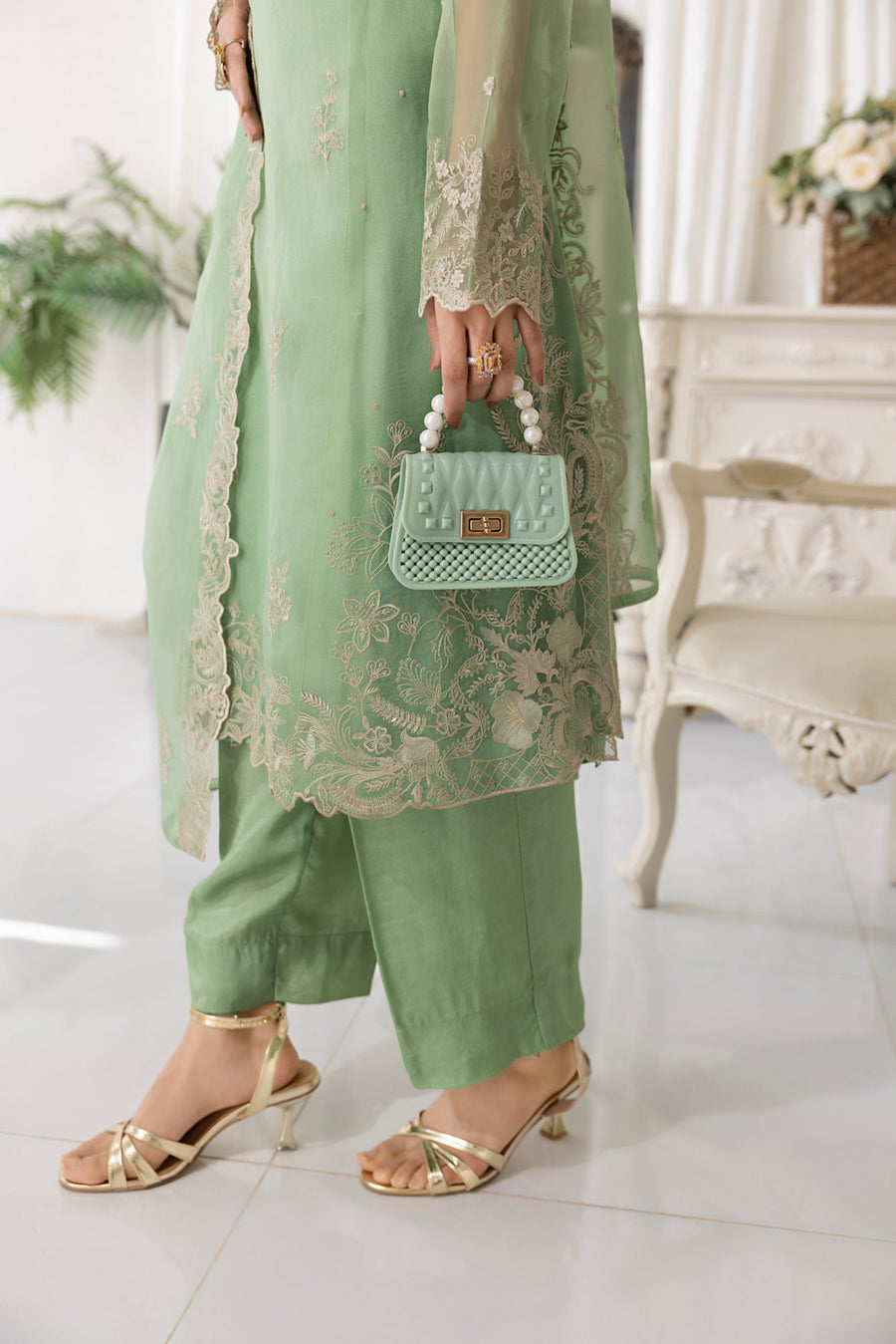 Soft Green Floral Embroidered Organza 3-Piece Ready-to-Wear Suit