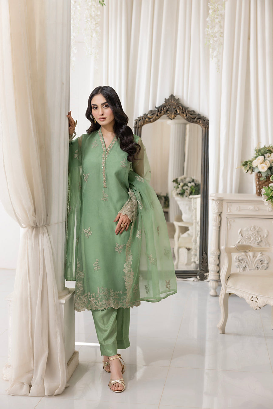 Soft Green Floral Embroidered Organza 3-Piece Ready-to-Wear Suit