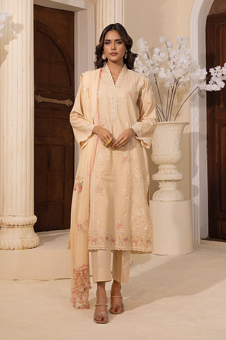 Beige Floral Embroidered Lawn 3-Piece Stitched Suit with Printed Chiffon Dupatta