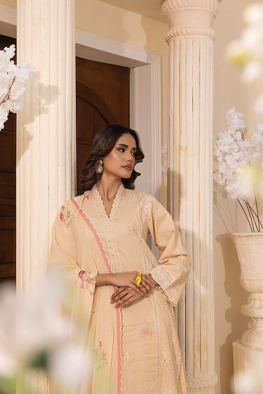 Beige Floral Embroidered Lawn 3-Piece Stitched Suit with Printed Chiffon Dupatta