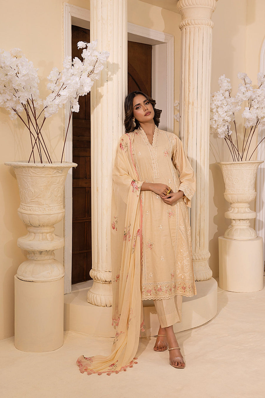 Beige Floral Embroidered Lawn 3-Piece Stitched Suit with Printed Chiffon Dupatta