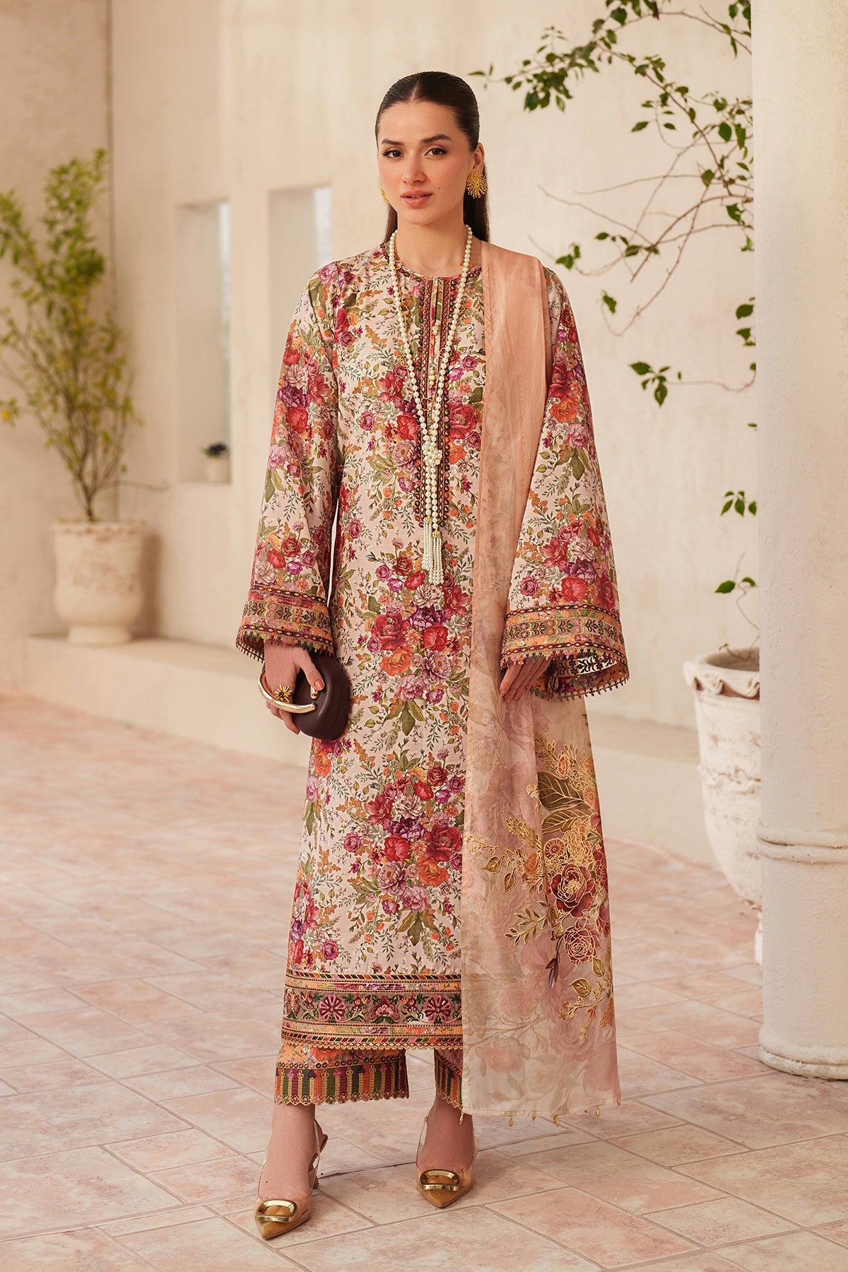 Peach Lawn Three-Piece Set | 3-Piece Floral Embroidery