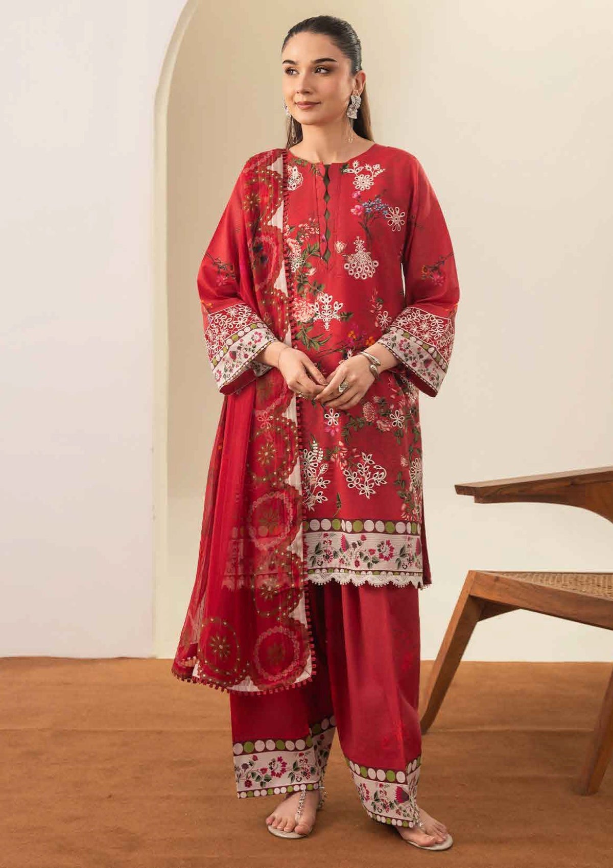Crimson Red Chikankari Dobby Lawn Suit with Printed Chiffon Dupatta