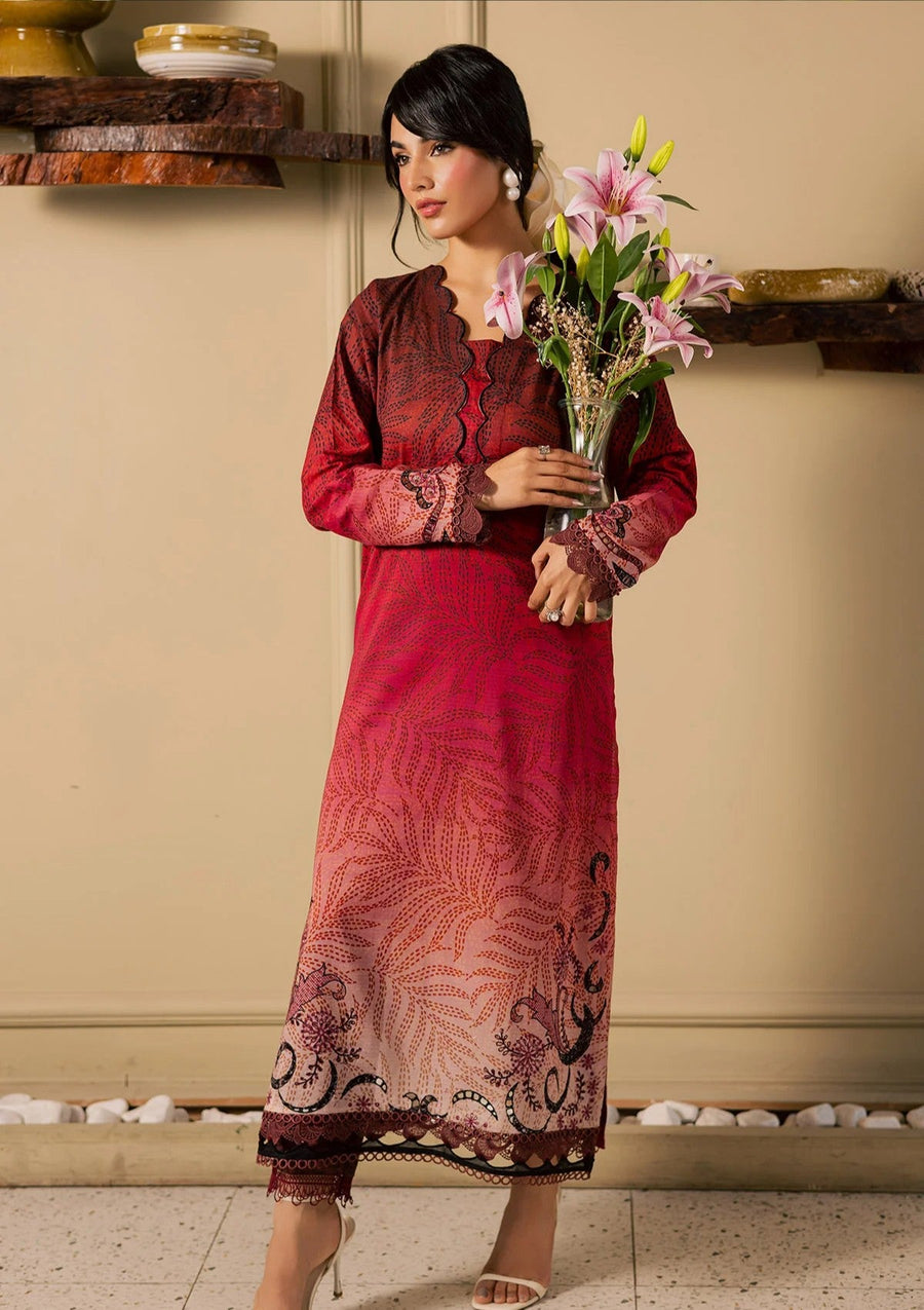 Dark Red Maroon Printed Chikankari Lawn Kurta Set - Pehnaawaa