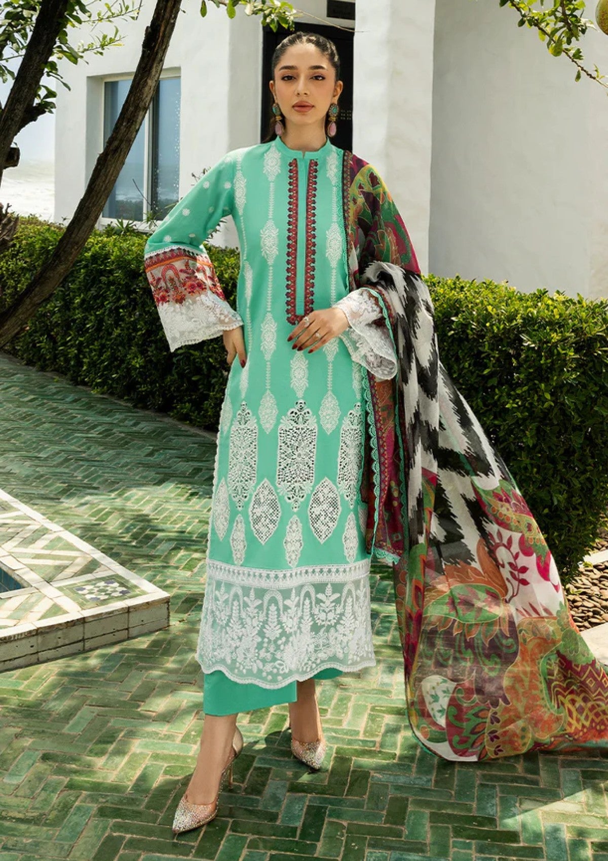Mint Green Chikankari Lawn Suit with Digital Printed Net Dupatta