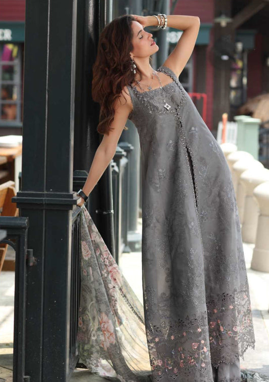 Charcoal Grey Luxe Chikankari Lawn Suit with Printed Chiffon Dupatta - Pehnaawaa