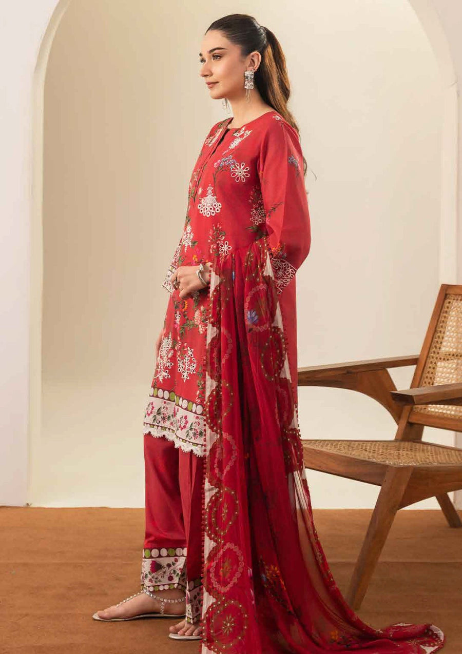 Crimson Red Chikankari Dobby Lawn Suit with Printed Chiffon Dupatta - Pehnaawaa