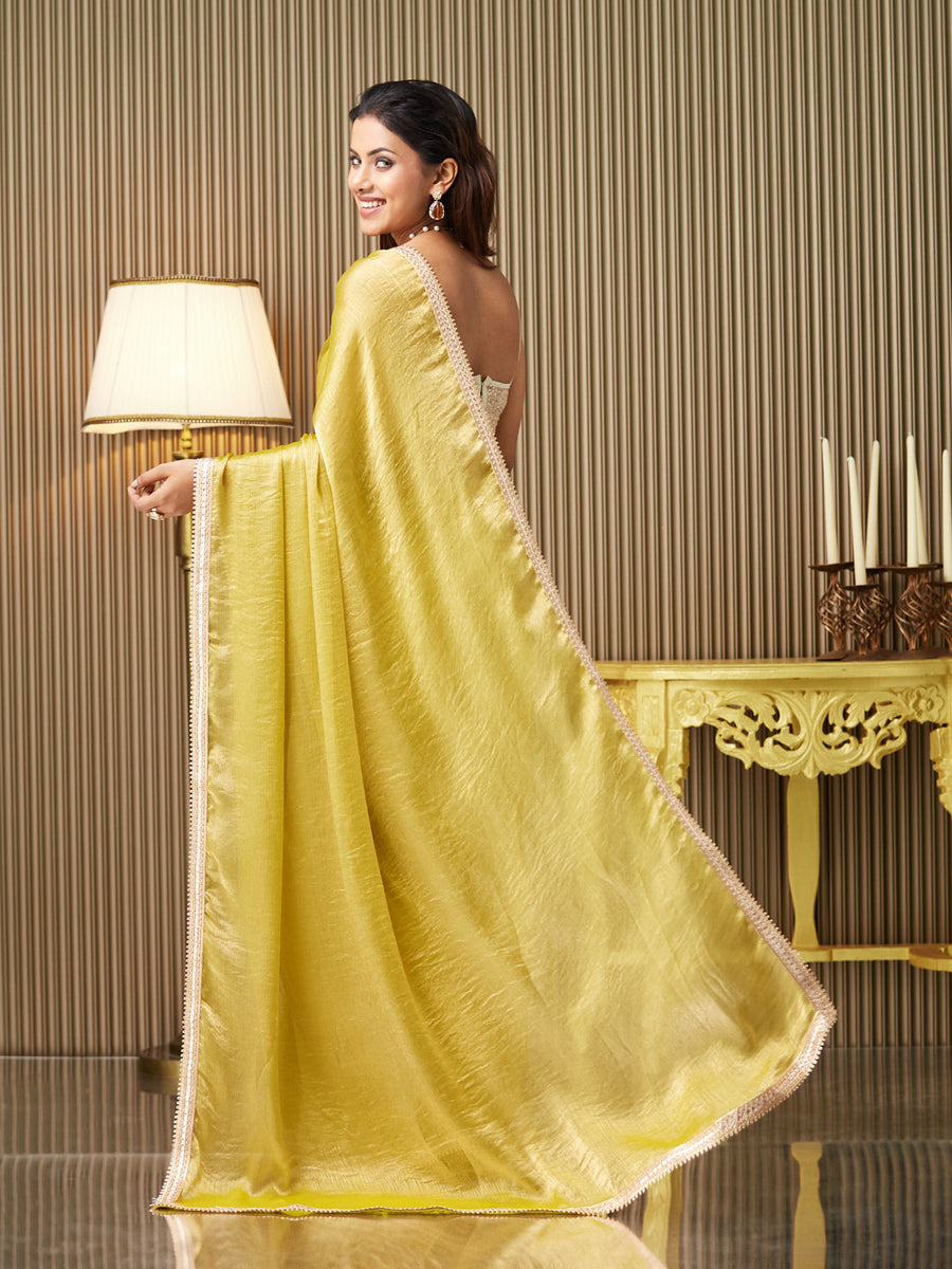 Gold Chiffon Embellished Saree With Blouse Piece - Pehnaawaa