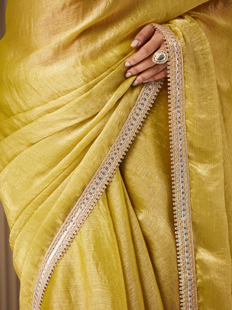 Gold Chiffon Embellished Saree With Blouse Piece - Pehnaawaa