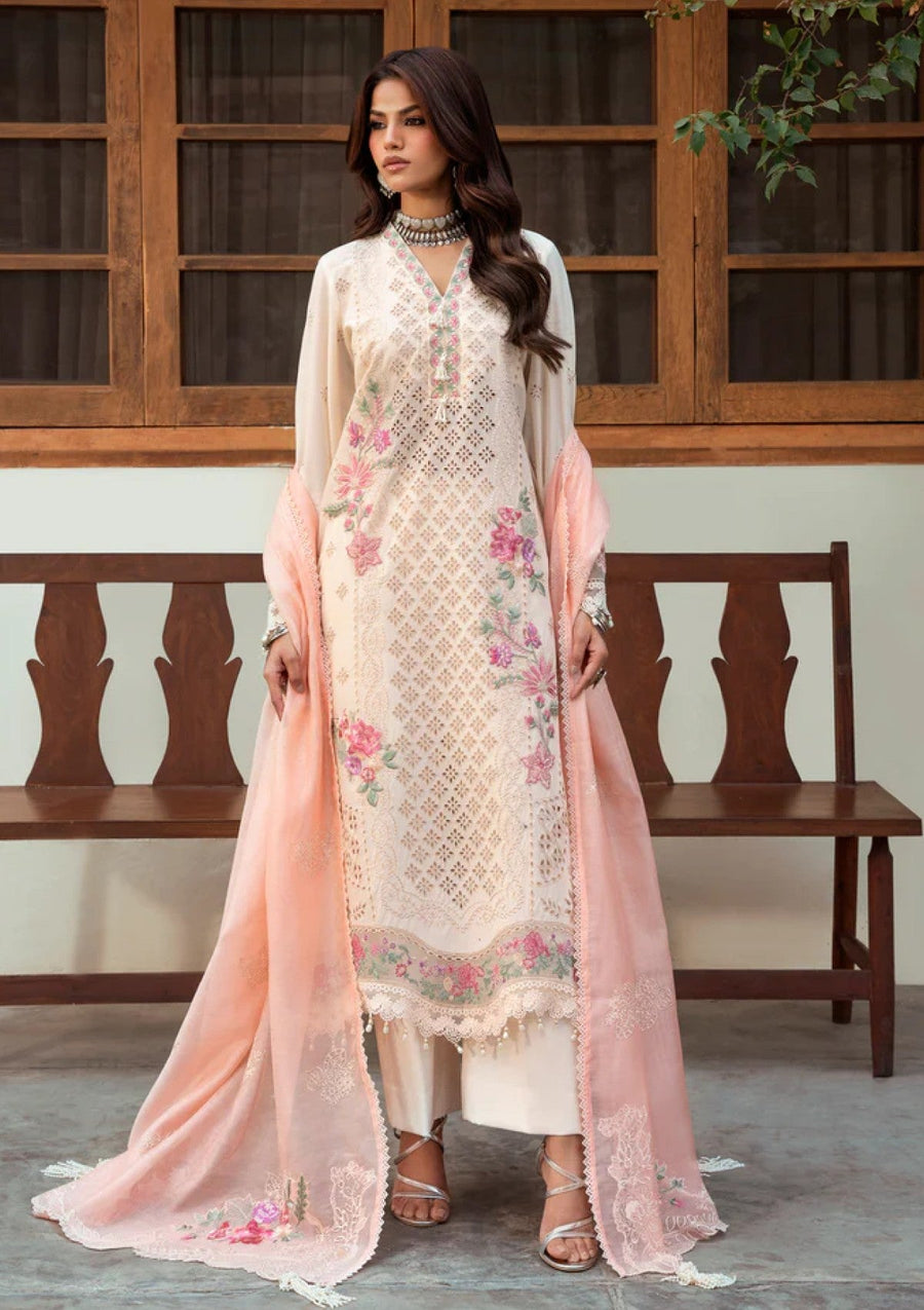 Beige Blossom Embroidered Chikankari 3 Piece Suit with Cotton Net Dupatta - Pehnaawaa