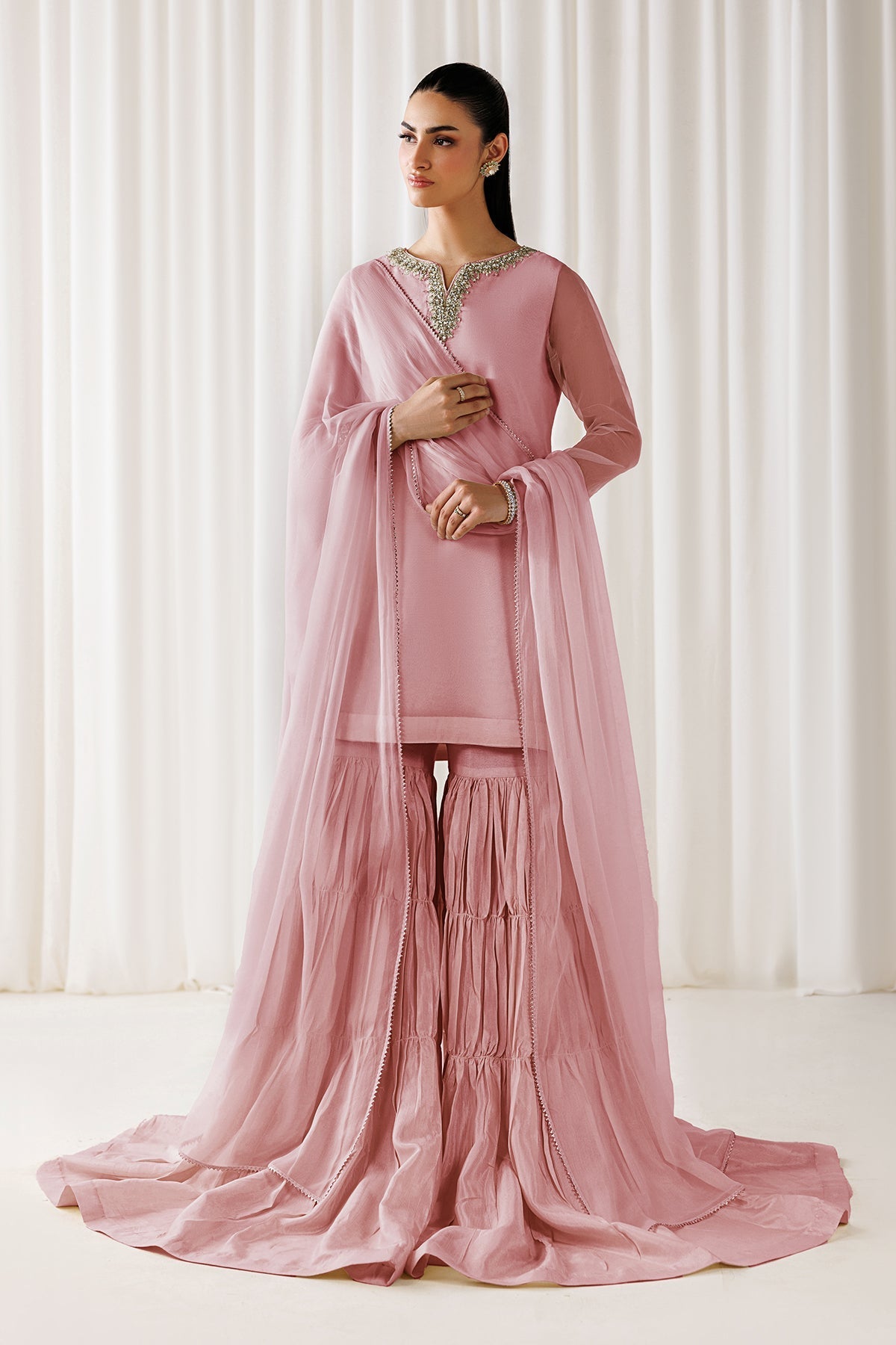 Embroidered Chiffon 3-Piece Formal Suit with Gharara