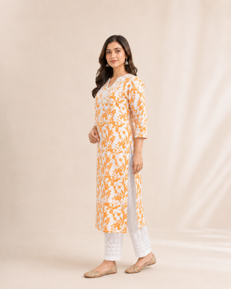 Pure Cotton Chikankari Kurta Pant Set for Women | Orange & White Printed Dailywear Ethnic Set