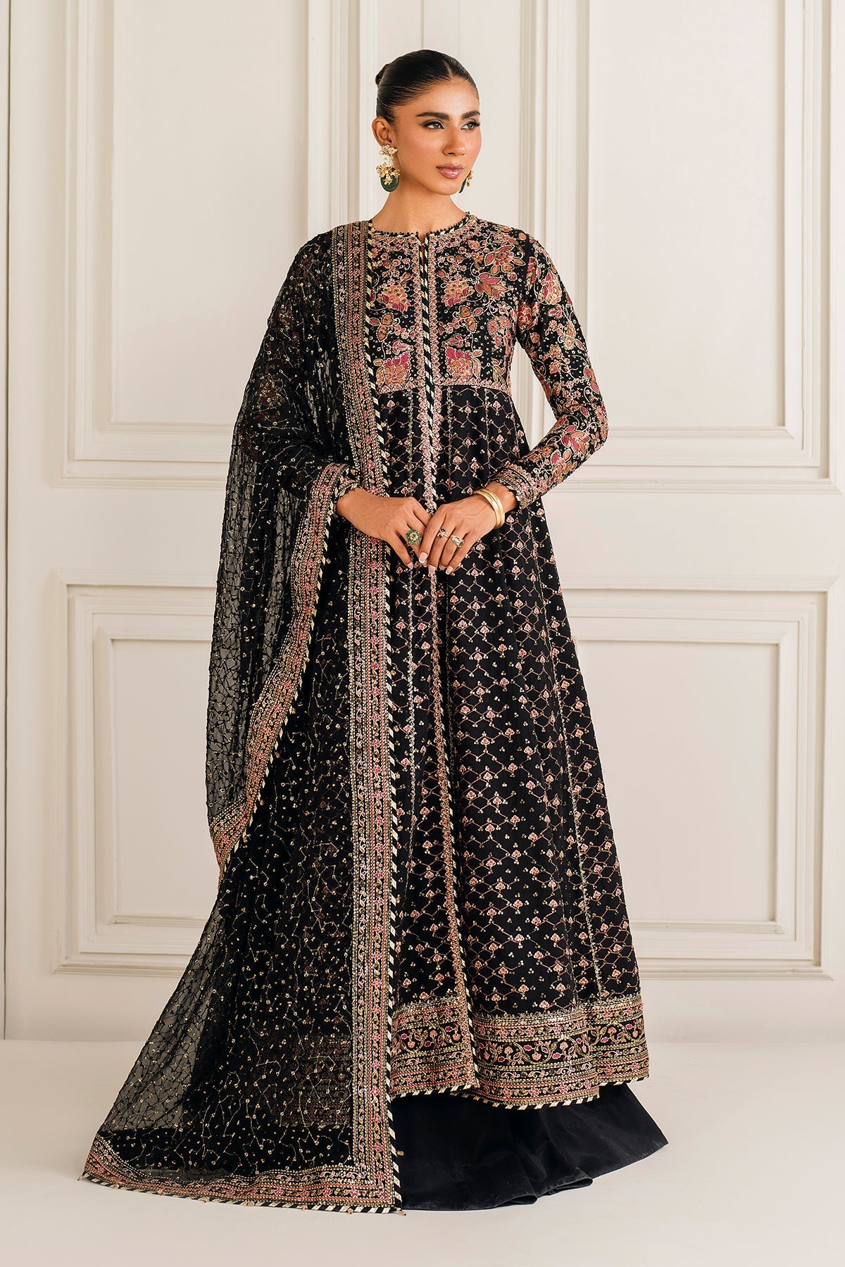 Black Embroidered Chiffon Lehenga Suit with Organza Dupatta | SF-4156